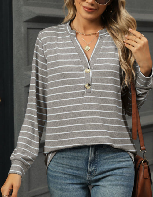 Load image into Gallery viewer, Striped Notched Long Sleeve T-Shirt
