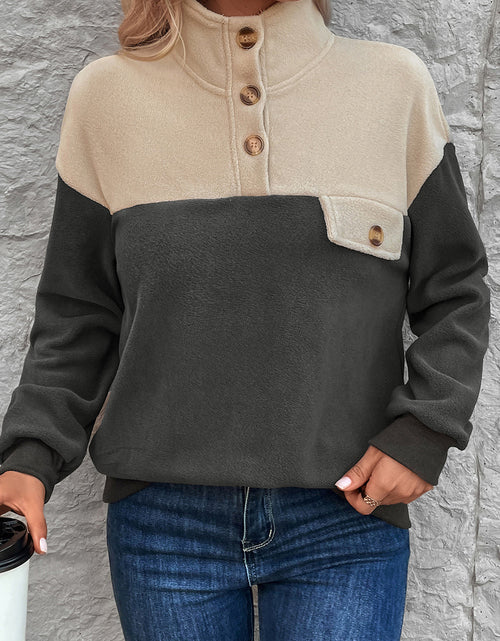 Load image into Gallery viewer, Perfee Color Block Quarter Button Dropped Shoulder Sweatshirt
