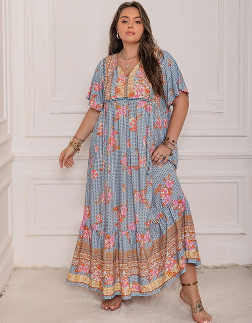 Load image into Gallery viewer, Plus Size Printed Tie Neck Flutter Sleeve Maxi Dress
