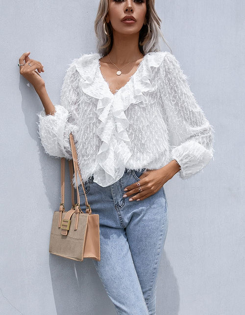 Load image into Gallery viewer, Ivy Lane Ruffle Hem Fringe V-Neck Balloon Sleeve Blouse
