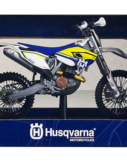 Load image into Gallery viewer, Husqvarna FE 501 White and Blue with Yellow Stripes 1/12 Diecast Motorcycle Model by Maisto
