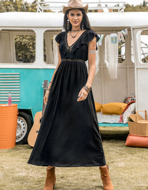 Load image into Gallery viewer, Lace Detail Plunge Cap Sleeve Midi Dress
