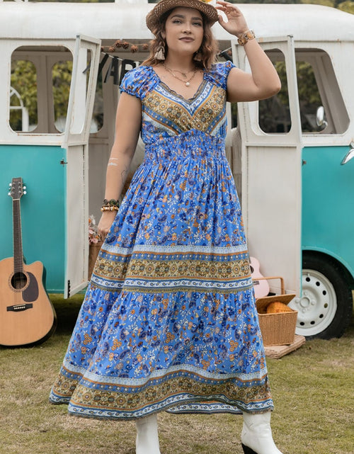 Load image into Gallery viewer, Plus Size Smocked Printed Cap Sleeve Dress
