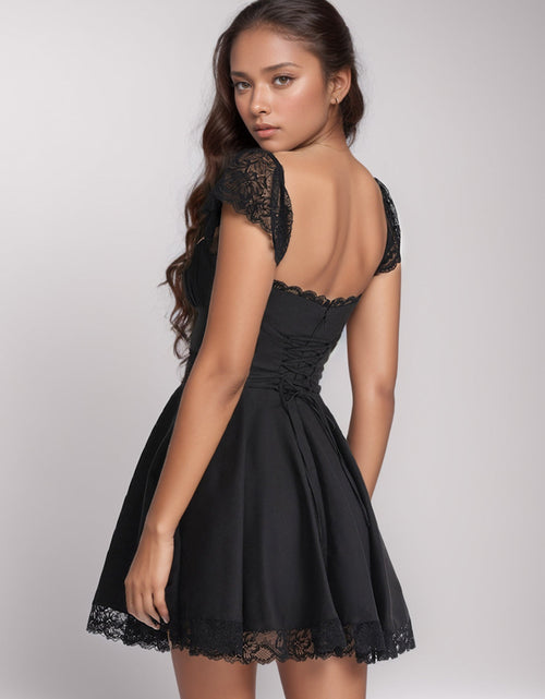 Load image into Gallery viewer, Lace Detail Square Neck Cap Sleeve Mini Dress
