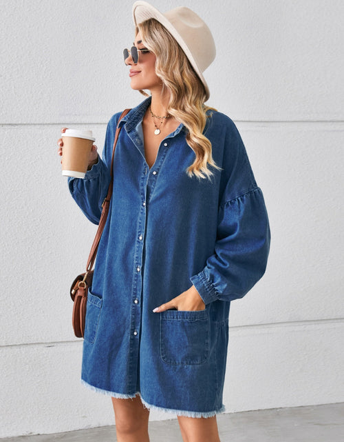 Load image into Gallery viewer, Button Up Pocketed Raw Hem Denim Dress

