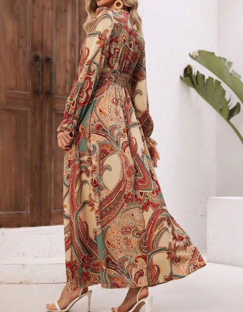 Load image into Gallery viewer, Smocked Printed V-Neck Flounce Sleeve Dress

