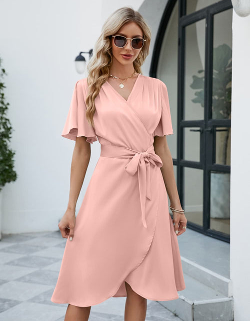 Load image into Gallery viewer, Tie Waist Flutter Sleeve Surplice Dress
