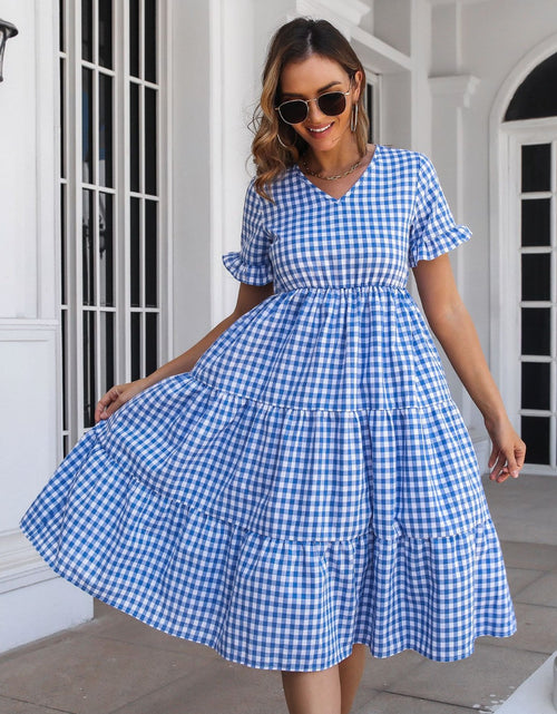 Load image into Gallery viewer, Plaid V-Neck Short Sleeve Midi Dress
