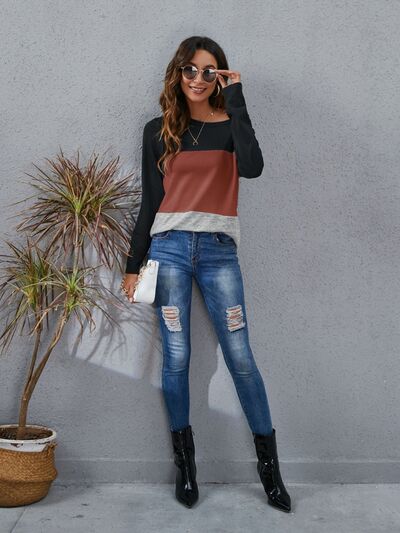 Load image into Gallery viewer, Color Block Round Neck Long Sleeve T-Shirt

