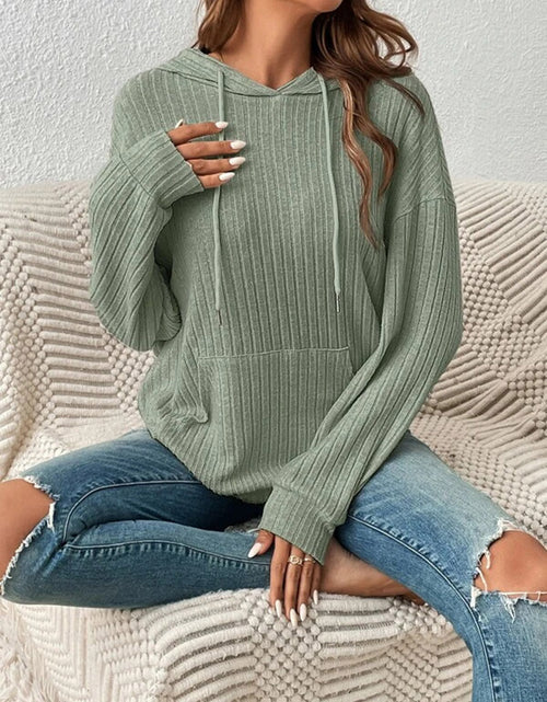 Load image into Gallery viewer, Ribbed Dropped Shoulder Drawstring Hoodie
