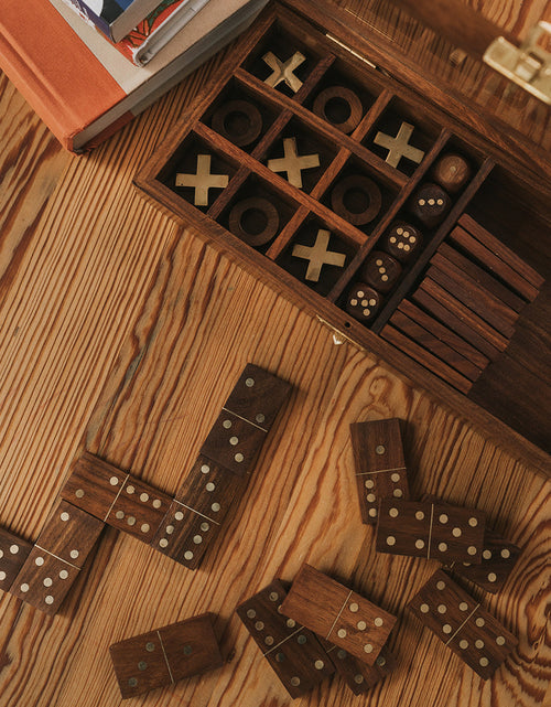Load image into Gallery viewer, 3-in-1 Game Set Dice, Dominoes, Tic Tac Toe - Handcrafted Wood by Matr Boomie
