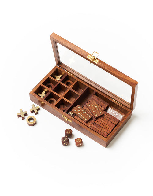Load image into Gallery viewer, 3-in-1 Game Set Dice, Dominoes, Tic Tac Toe - Handcrafted Wood by Matr Boomie
