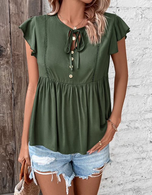 Load image into Gallery viewer, Perfee Buttoned Tie Neck Flutter Sleeve Babydoll Top
