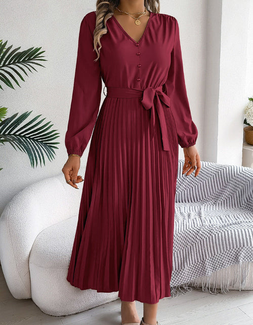 Load image into Gallery viewer, Pleated Tied V-Neck Long Sleeve Dress
