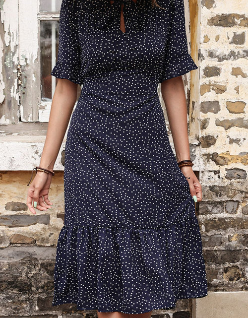 Load image into Gallery viewer, Perfee Polka Dot Tie Front Ruffled Midi Dress
