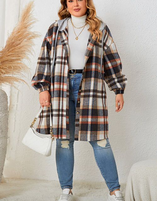 Load image into Gallery viewer, Honey Plus Size Plaid Drop Shoulder Hooded Coat
