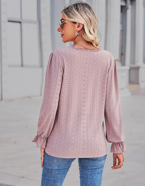 Load image into Gallery viewer, Eyelet V-Neck Flounce Sleeve Blouse
