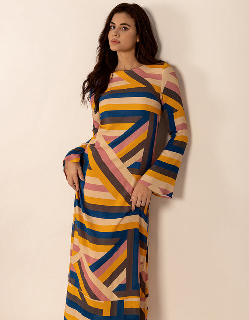 Load image into Gallery viewer, Contrast Round Neck Flare Sleeve Midi Dress
