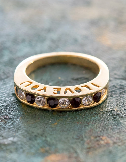 Load image into Gallery viewer, Vintage 1980s I Love You Ring Band Ring Garnet and Clear Austrian Crystals Imported by PVD Vintage Jewelry
