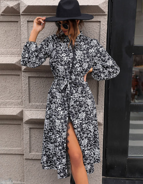 Load image into Gallery viewer, Perfee Lace Detail Printed Long Sleeve Midi Dress
