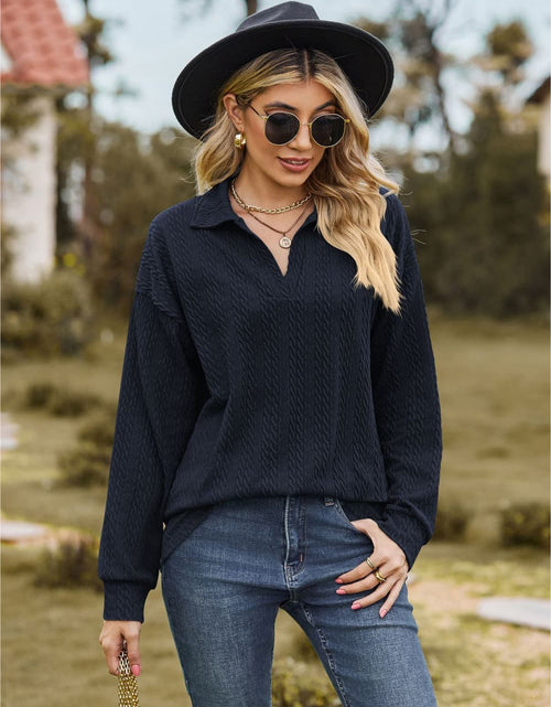 Load image into Gallery viewer, Collared Neck Cable-Knit Long Sleeve Blouse
