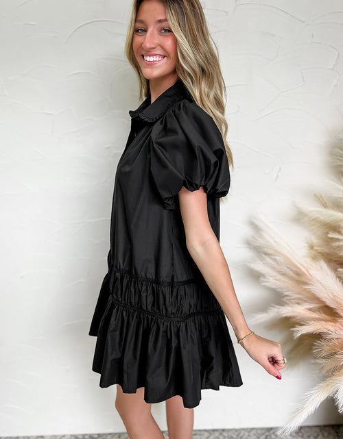 Load image into Gallery viewer, Button Down Puff Sleeve Ruffle Hem Dress
