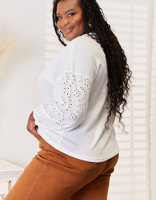 Load image into Gallery viewer, Shiny Eyelet Dropped Shoulder Round Neck Blouse
