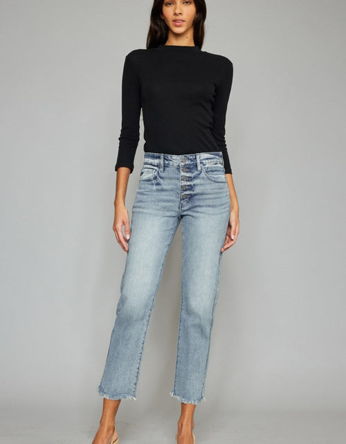 Load image into Gallery viewer, Kancan High Waist Button Fly Raw Hem Cropped Straight Jeans
