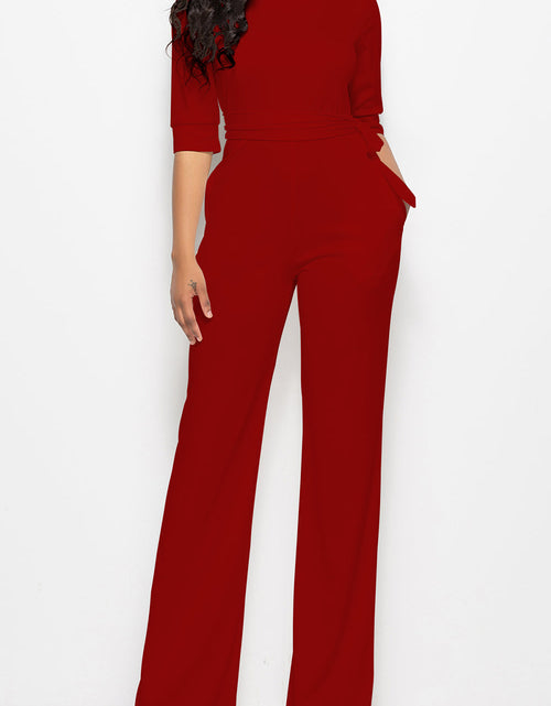 Load image into Gallery viewer, Mock Neck Tie-Waist Half Sleeve Jumpsuit
