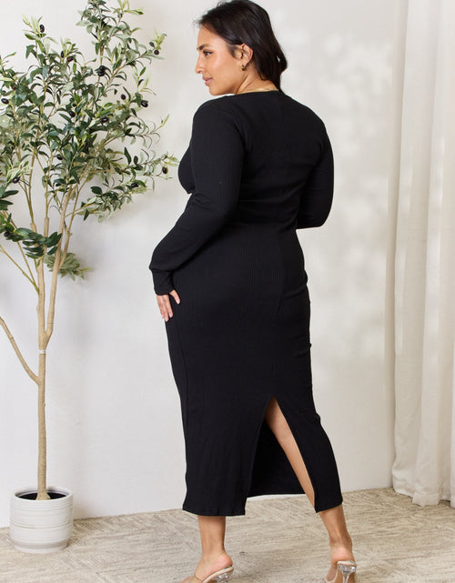 Load image into Gallery viewer, Culture Code Full Size Ribbed Long Sleeve Midi Slit Dress
