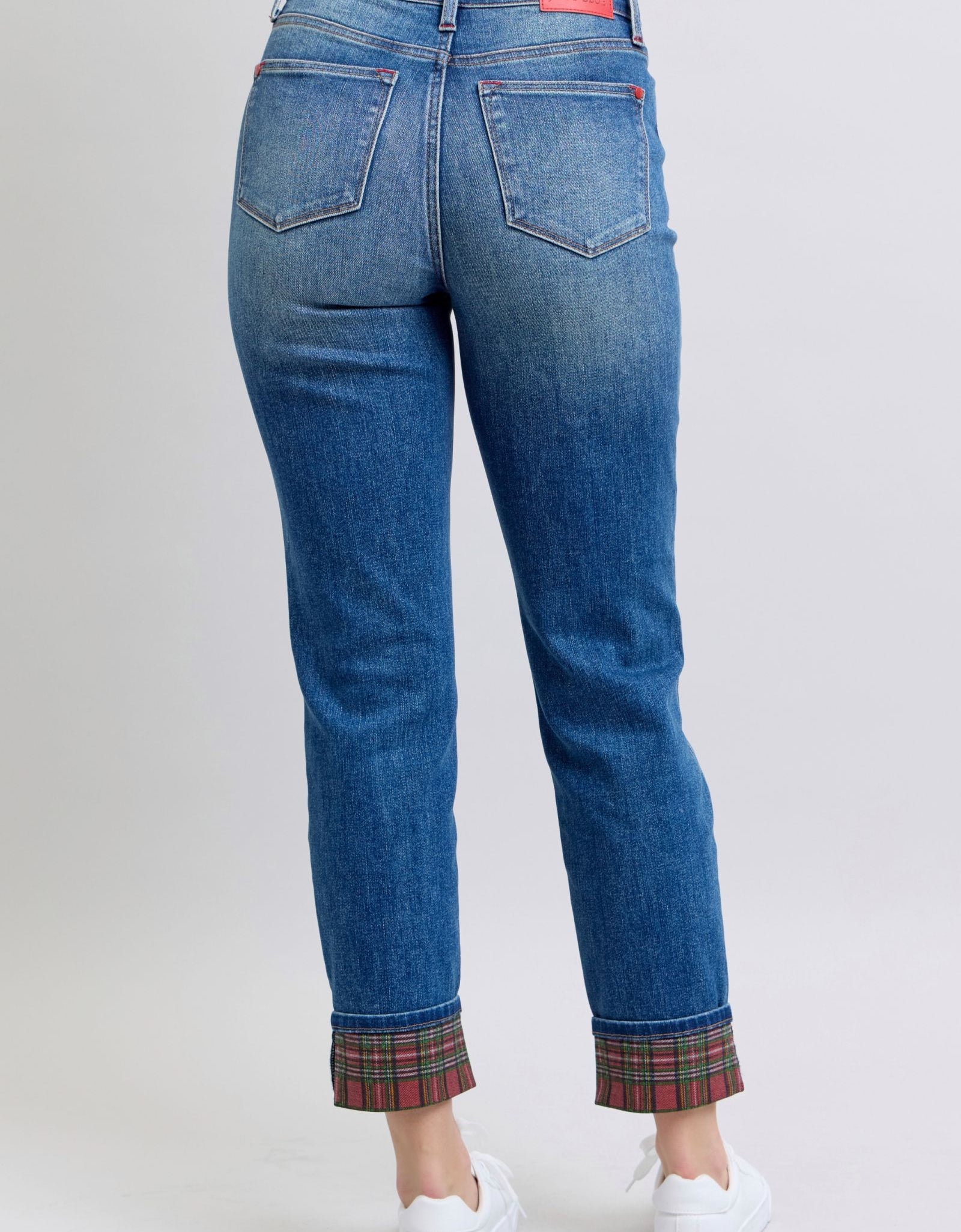 Judy Blue Full Size Plaid Print Cuff Straight Leg Jeans with Pockets