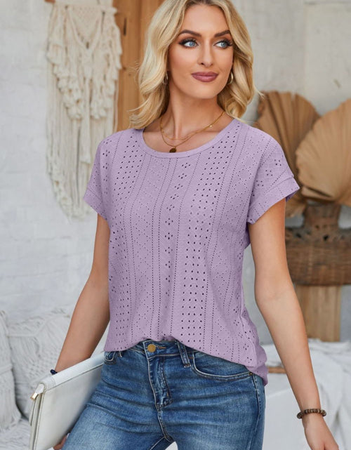 Load image into Gallery viewer, Eyelet Round Neck Rolled Short Sleeve T-Shirt

