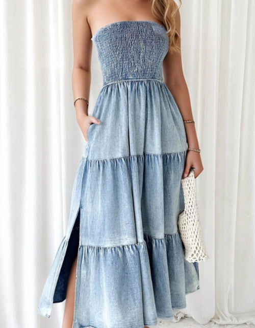 Load image into Gallery viewer, Smocked Tube Slit Tiered Denim Dress
