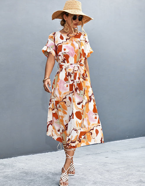 Load image into Gallery viewer, Round Neck Short Sleeve Tie Waist Midi Dress
