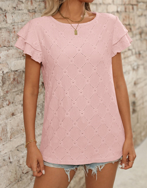 Load image into Gallery viewer, Eyelet Round Neck Double Layered Ruffled Short Sleeve Top
