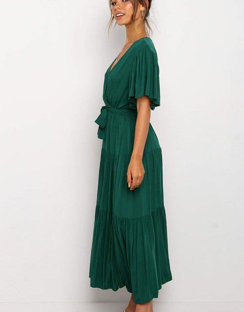 Load image into Gallery viewer, Front Tie Short Sleeve Tiered Midi Dress
