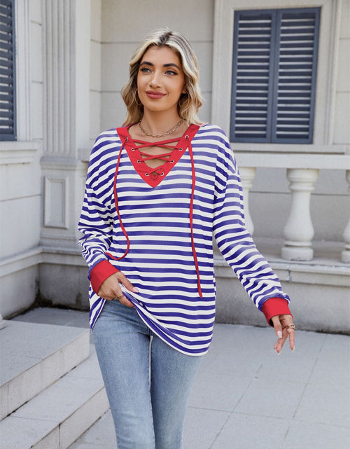 Load image into Gallery viewer, Lace-Up Striped Long Sleeve T-Shirt
