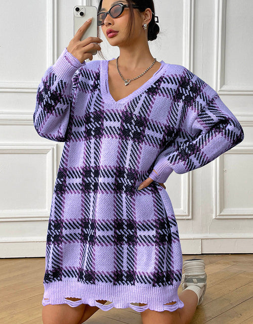 Load image into Gallery viewer, Plaid V-Neck Long Sleeve Sweater Dress
