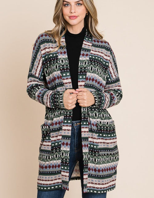 Load image into Gallery viewer, BOMBOM Geometric Open Front Long Sleeve Cardigan with Pockets
