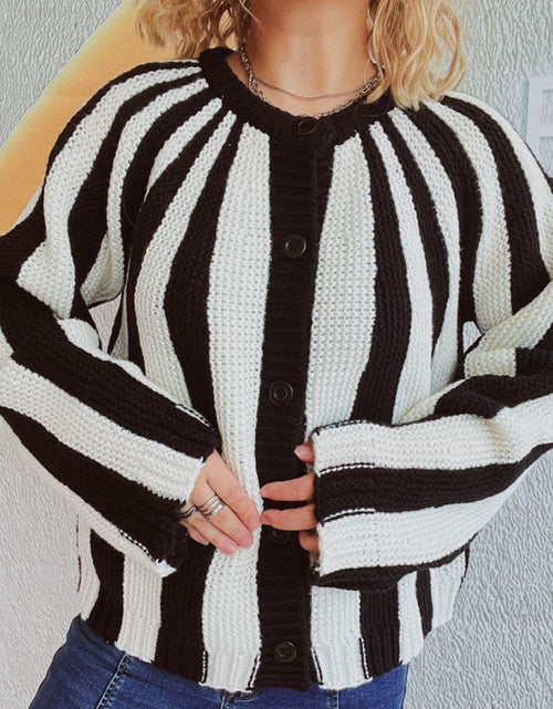 Load image into Gallery viewer, Contrast Stripes Button Down Long Sleeve Cardigan
