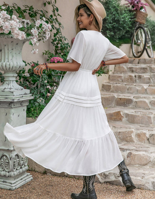 Load image into Gallery viewer, Tie Neck Short Sleeve Ruffle Hem Dress
