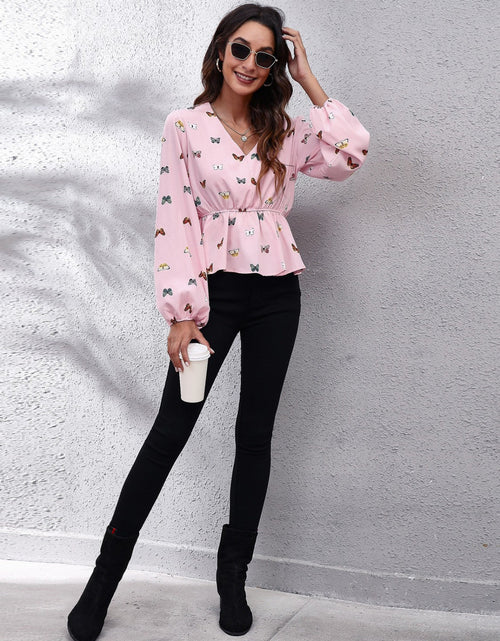 Load image into Gallery viewer, Butterfly V-Neck Balloon Sleeve Peplum Blouse
