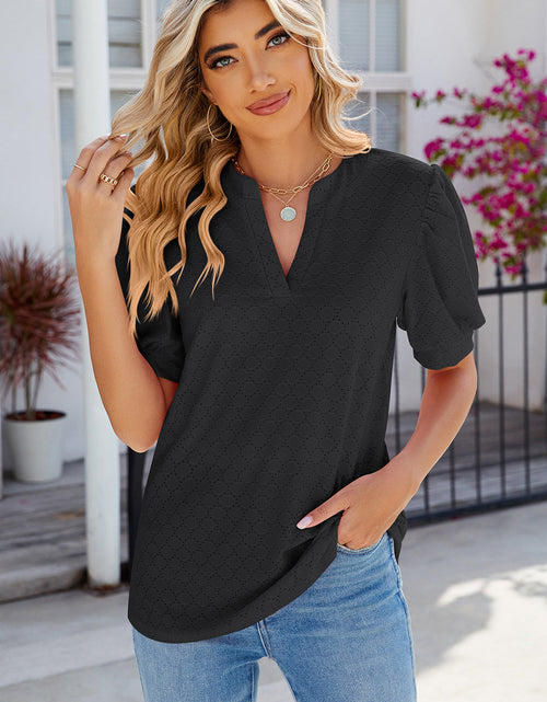 Load image into Gallery viewer, Eyelet Notched Puff Sleeve T-Shirt

