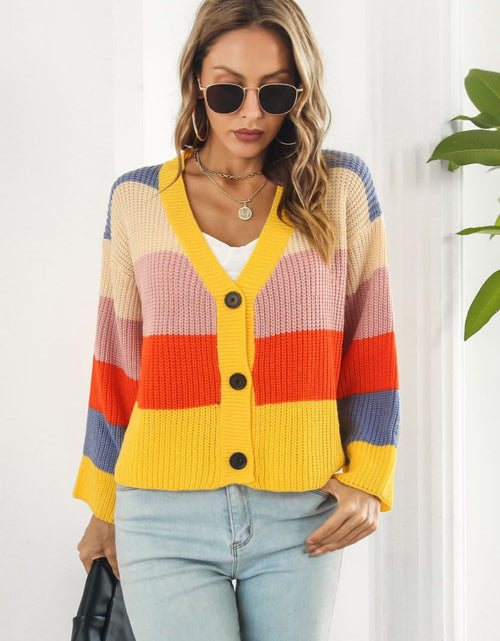 Load image into Gallery viewer, Color Block Button-Down Dropped Shoulder Cardigan
