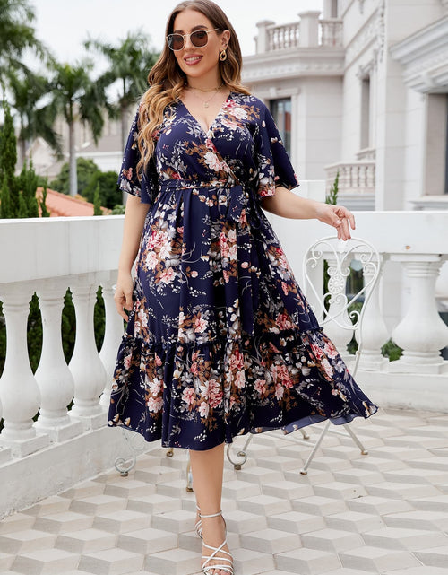 Load image into Gallery viewer, Honey Plus Size Floral Surplice Neck Midi Dress
