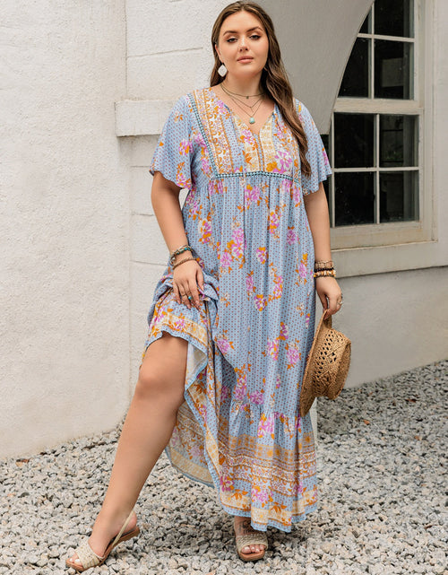 Load image into Gallery viewer, Plus Size Printed Tie Neck Flutter Sleeve Maxi Dress
