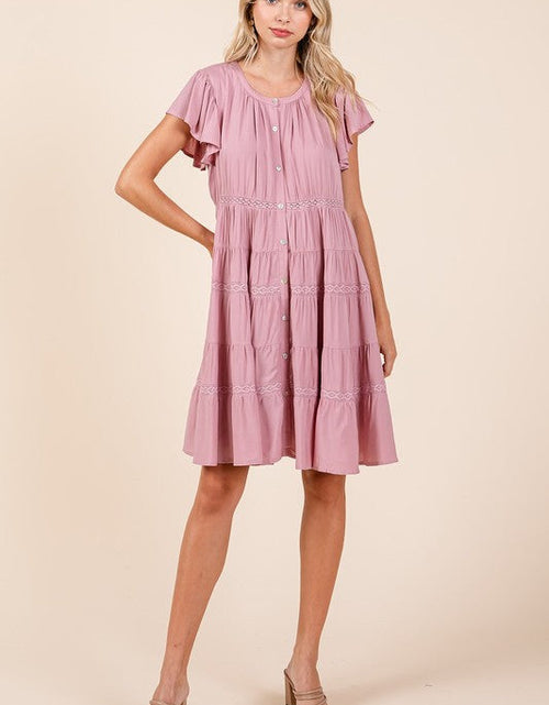 Load image into Gallery viewer, Mittoshop Lace Detail Ruffled Button Down Tiered Dress

