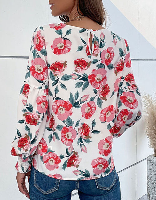 Load image into Gallery viewer, Perfee Floral Long Puff Sleeve Round Neck Blouse

