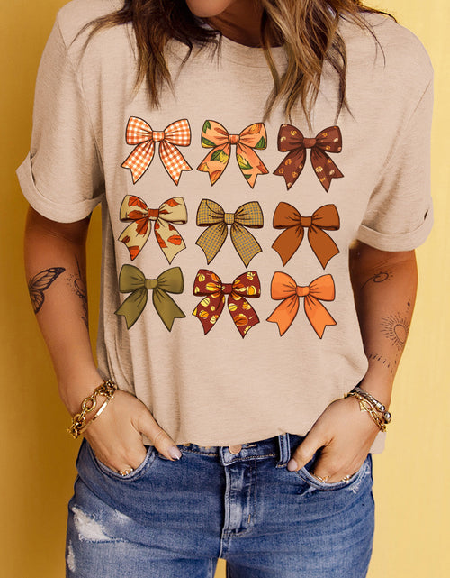Load image into Gallery viewer, Bow Graphic Round Neck Short Sleeve T-Shirt
