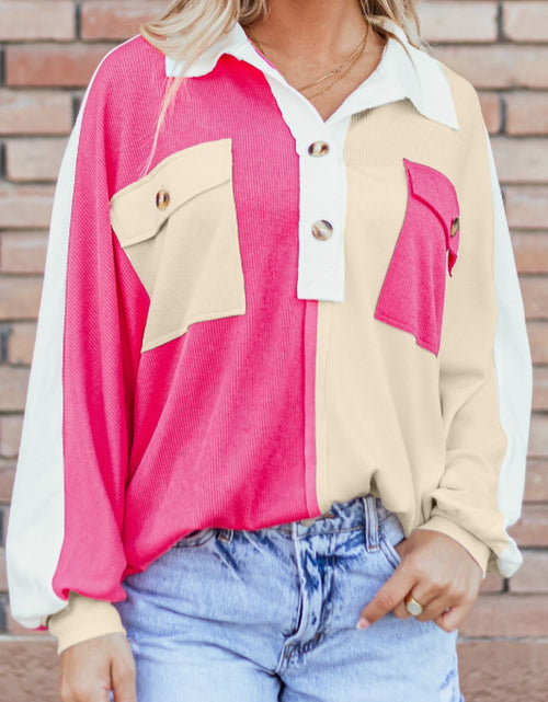 Load image into Gallery viewer, Color Block Collared Neck Long Sleeve Sweatshirt

